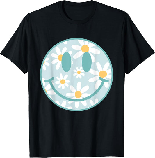 Retro Teal Happy Face Checkered Pattern Smile Face Trendy T-Shirt - T-Shirt | Black