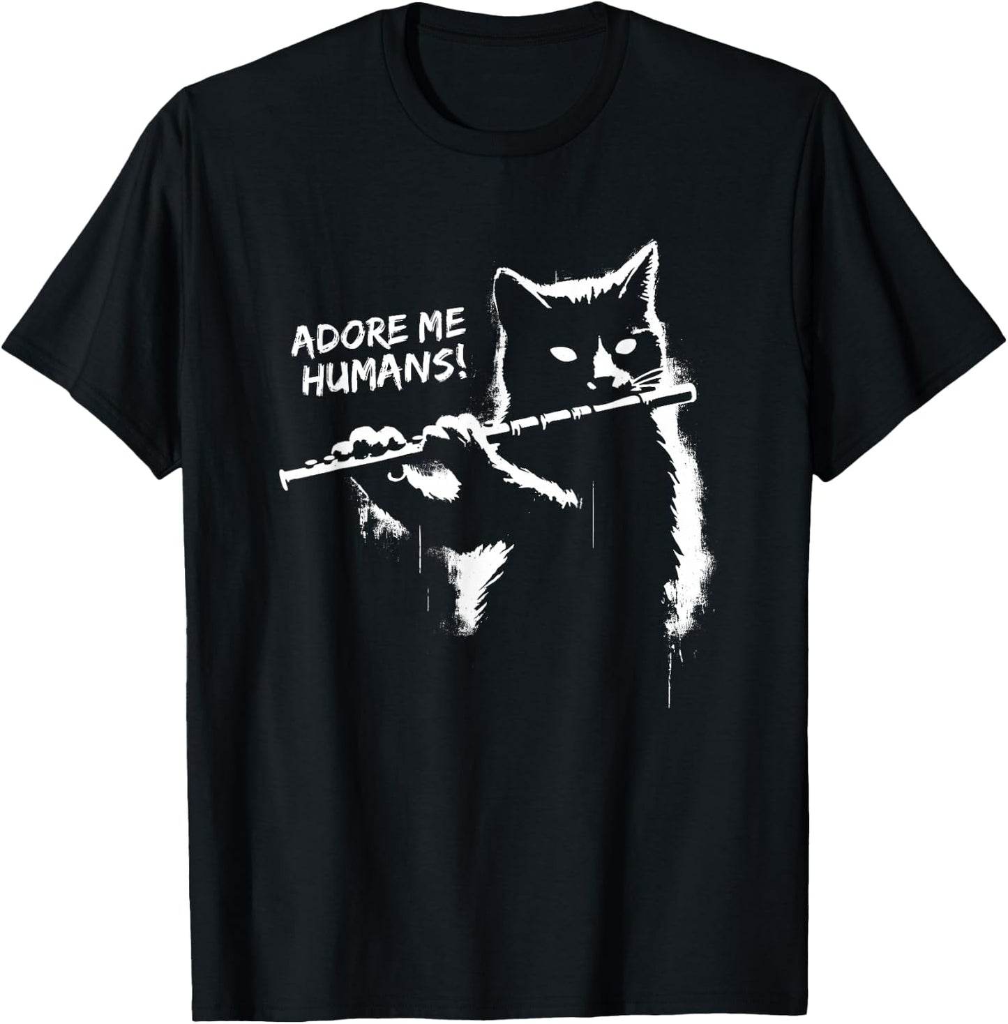 Retro Cat Apparel Gifts Black Cat Playing Flute - Funny Graphic Cat Kitten Lover , Small T-Shirt - T-Shirt | Black