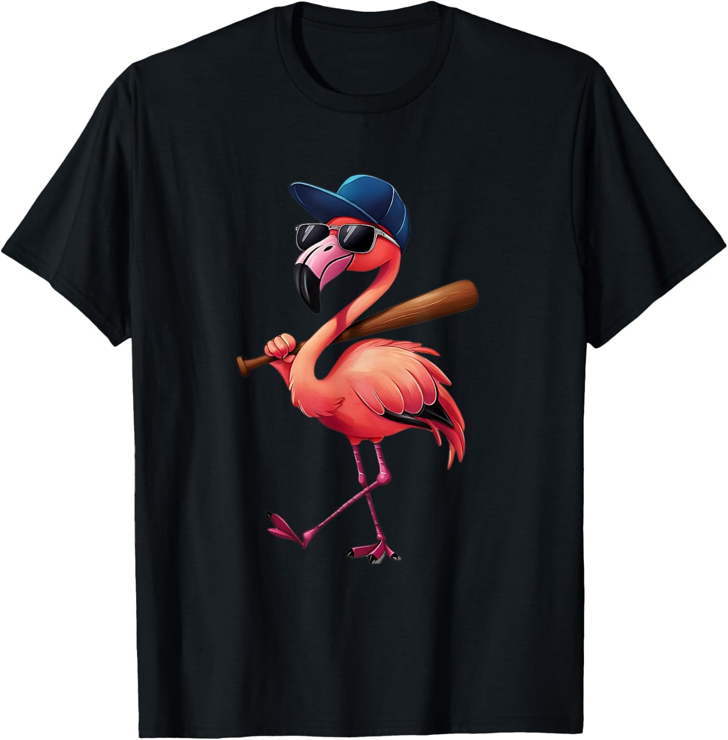 Funny Flamingo Cool Playing Softball Flamingo in Sunglasses T-Shirt - T-Shirt | Black