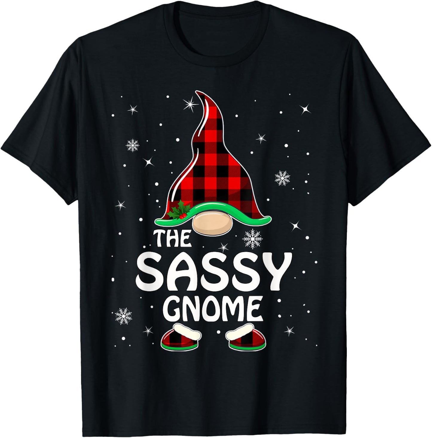 Sassy Gnome Buffalo Plaid Matching Family Christmas Pajama T-Shirt - T-Shirt | Black