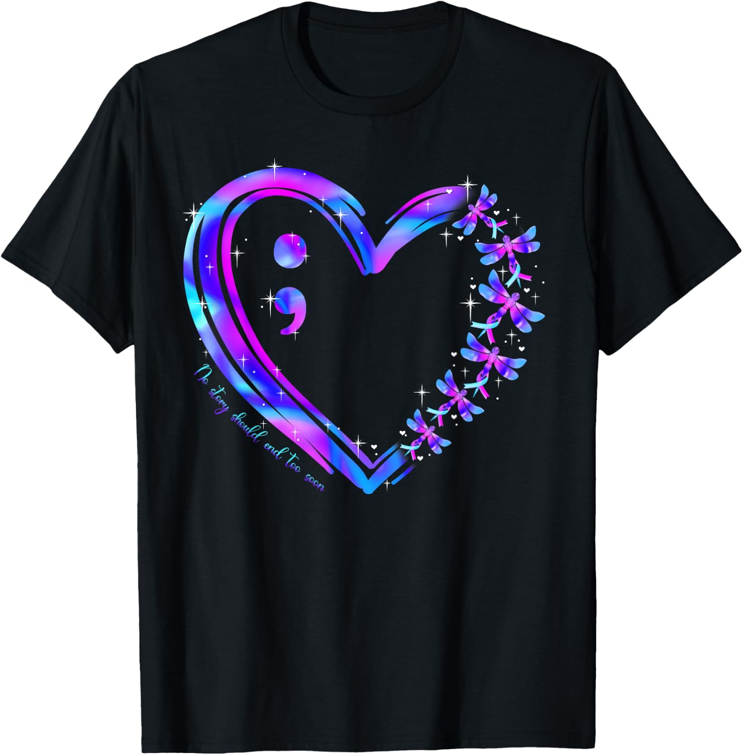 Suicide Prevention Awareness Teal Purple Heart Dragonfly T-Shirt - T-Shirt | Black