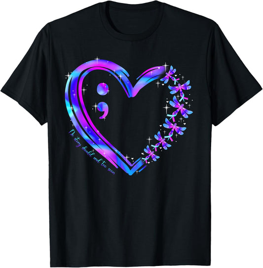 Suicide Prevention Awareness Teal Purple Heart Dragonfly T-Shirt - T-Shirt | Black