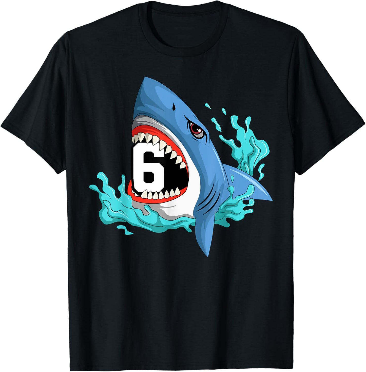 6 Shark Birthday Animal Themed Bday Party Celebration T-Shirt - T-Shirt | Black