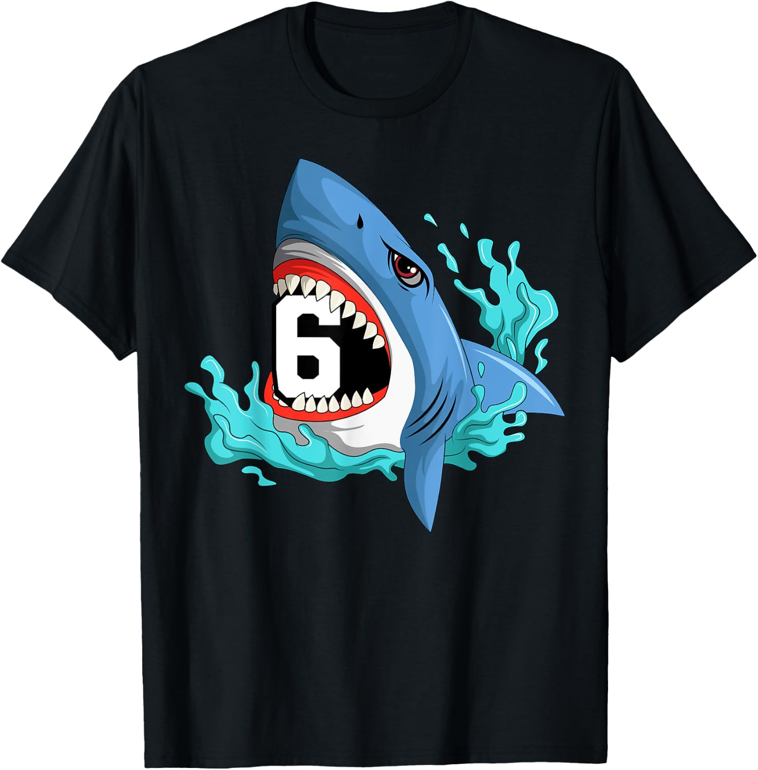 6 Shark Birthday Animal Themed Bday Party Celebration T-Shirt - T-Shirt | Black