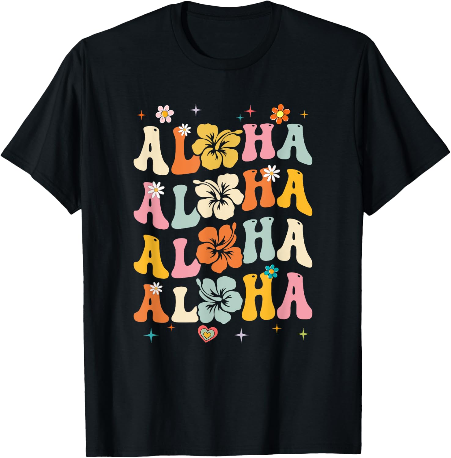 Aloha Women Hawaii Family Vacation Trip Girls Summer Groovy T-Shirt - T-Shirt | Black