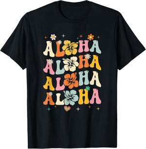 Aloha Women Hawaii Family Vacation Trip Girls Summer Groovy T-Shirt - T-Shirt | Black