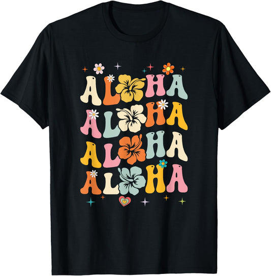 Aloha Women Hawaii Family Vacation Trip Girls Summer Groovy T-Shirt - T-Shirt | Black
