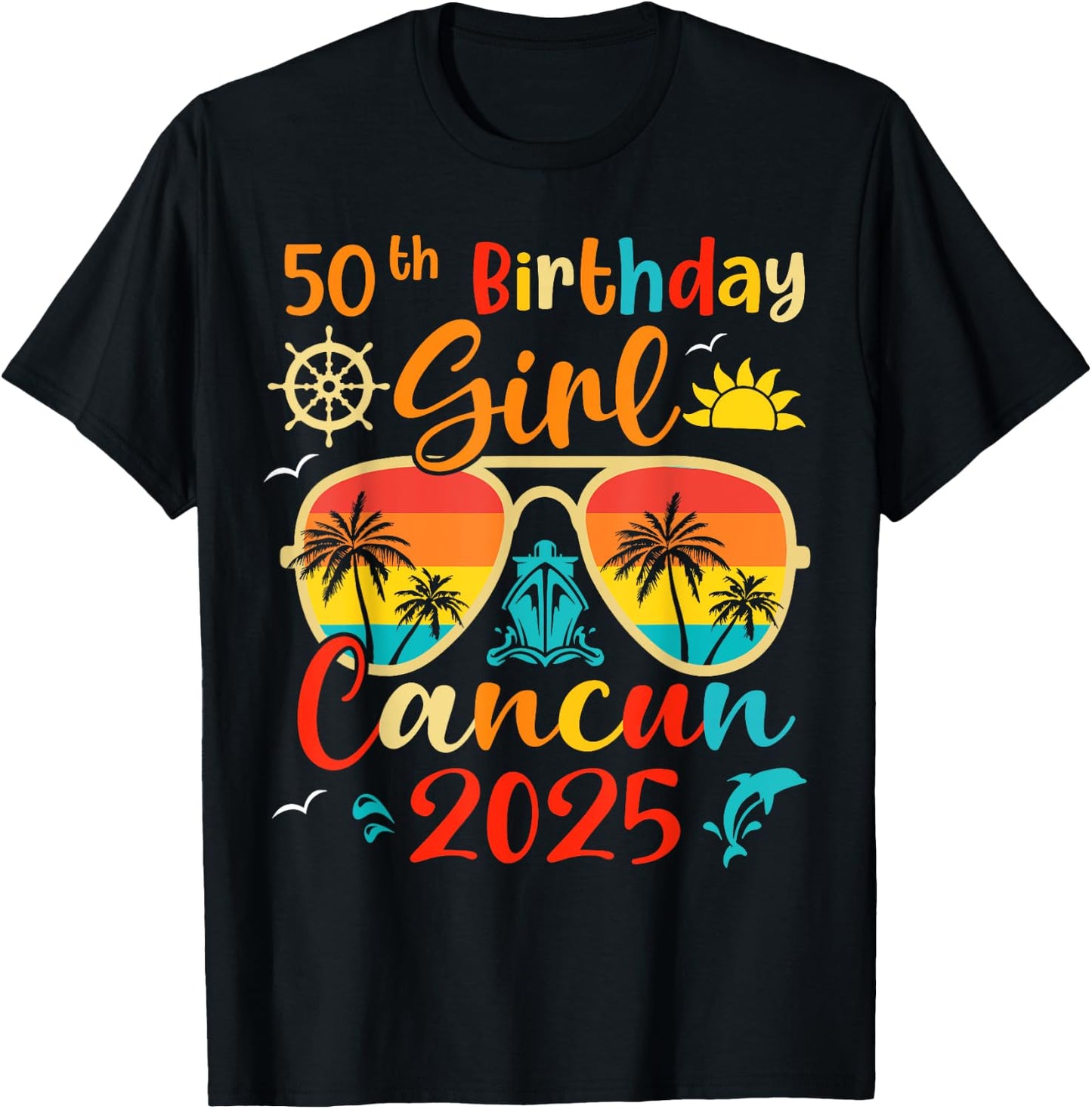 Vintage 50th Birthday Girls Cancun 2025 Beach Vacation Trip T-Shirt - T-Shirt | Black