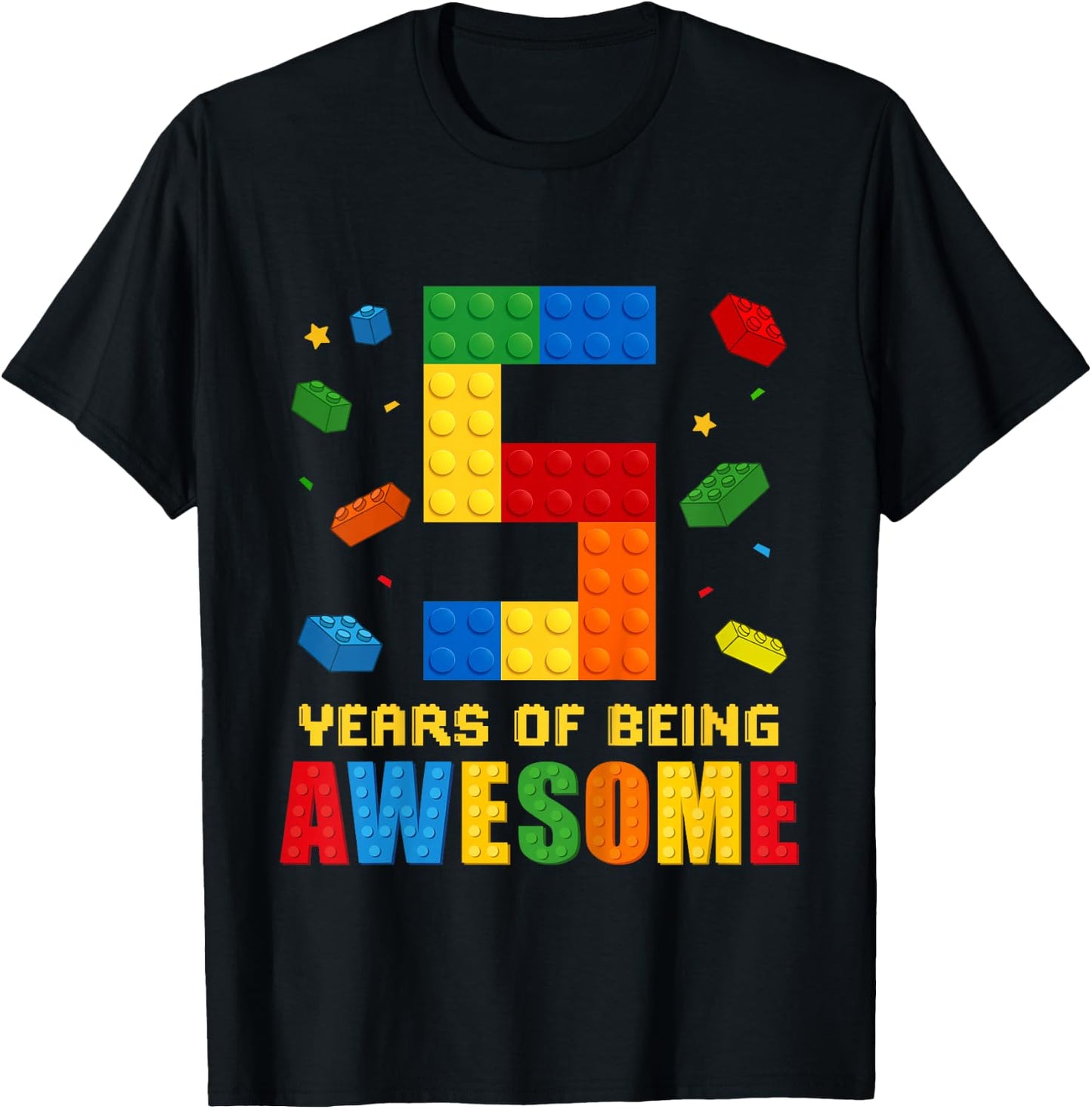 Kids 5 Year Old Birthday Boy Being Awesome Building Bricks 5th T-Shirt - T-Shirt | Black