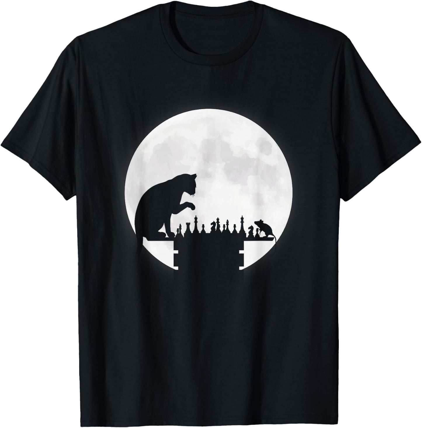 Funny Chess Board Cat Mouse Chess Playing Moon Graphics Gift T-Shirt - T-Shirt | Black