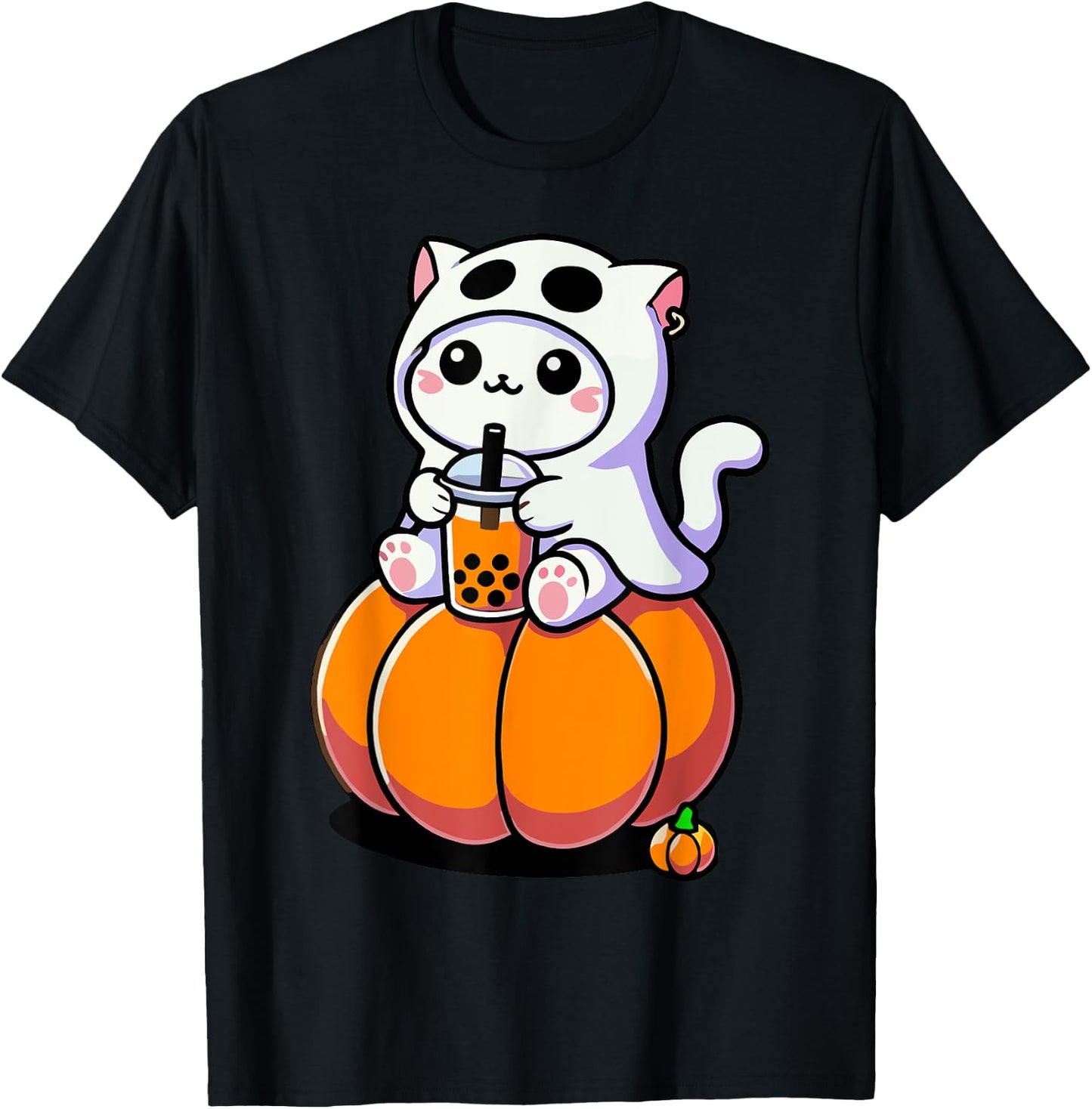 Cute Halloween Cat in Ghost Costume Drinking Boba Tea Men Women Kids T-Shirt - T-Shirt | Black