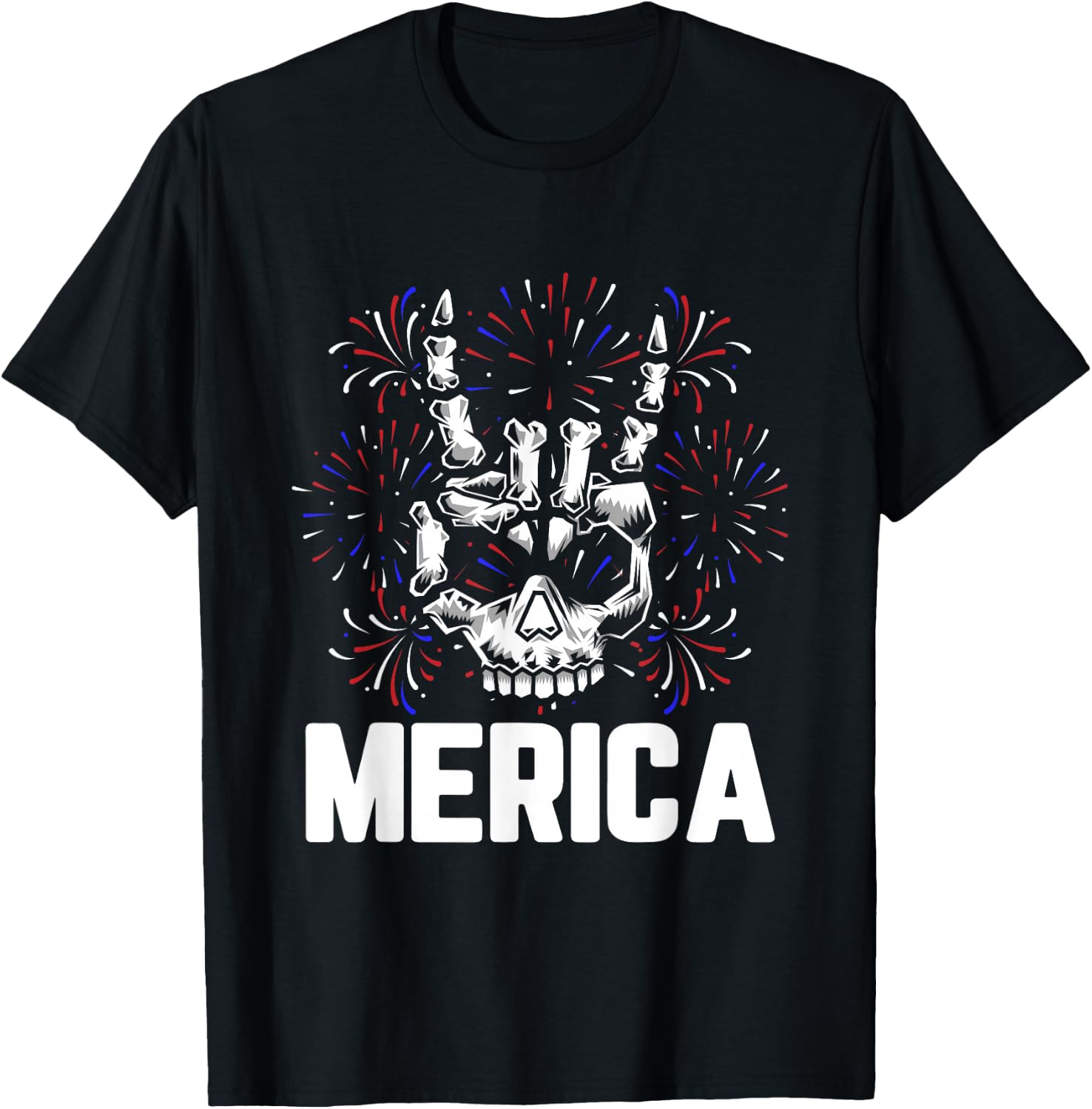 Merica 4th of July Rock And Roll Skull Hands Rocker T-Shirt - T-Shirt | Black