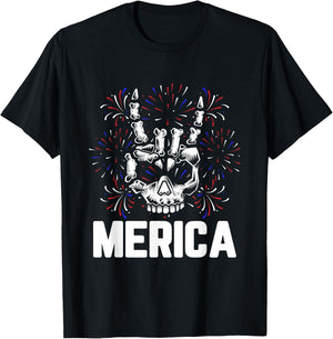 Merica 4th of July Rock And Roll Skull Hands Rocker T-Shirt - T-Shirt | Black