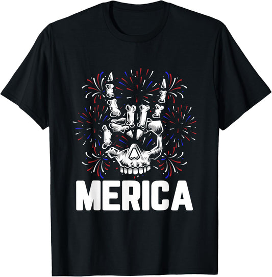 Merica 4th of July Rock And Roll Skull Hands Rocker T-Shirt - T-Shirt | Black