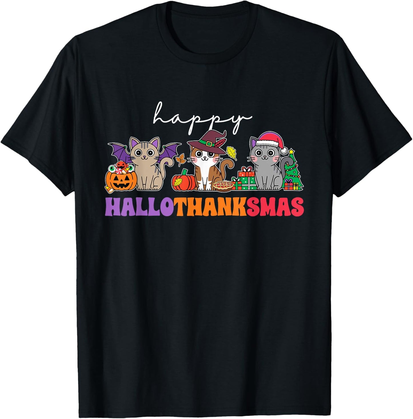 HalloThanksMas Cats : -Adults, -Kids, Black, Small, Short Sleeve, , Halloween, Thanksgiving, Christmas, Fall, Winter, Autumn T-Shirt - T-Shirt | Black