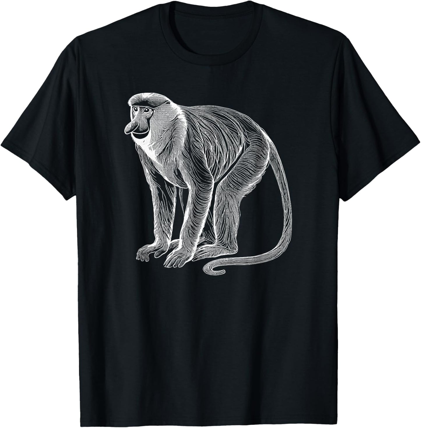 Line Art Proboscis Monkey Long-Nosed Monkey T-Shirt - T-Shirt | Black