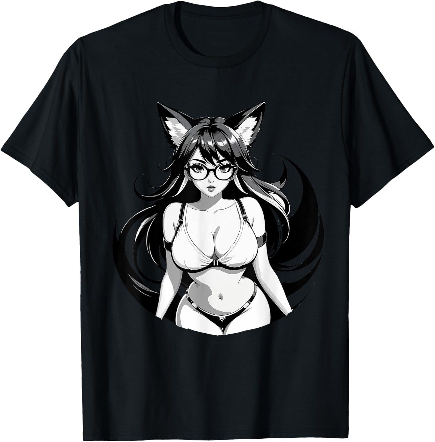 Sexy Waifu Otaku Anime Fox E-Girl Japanese Black & White T-Shirt - T-Shirt | Black