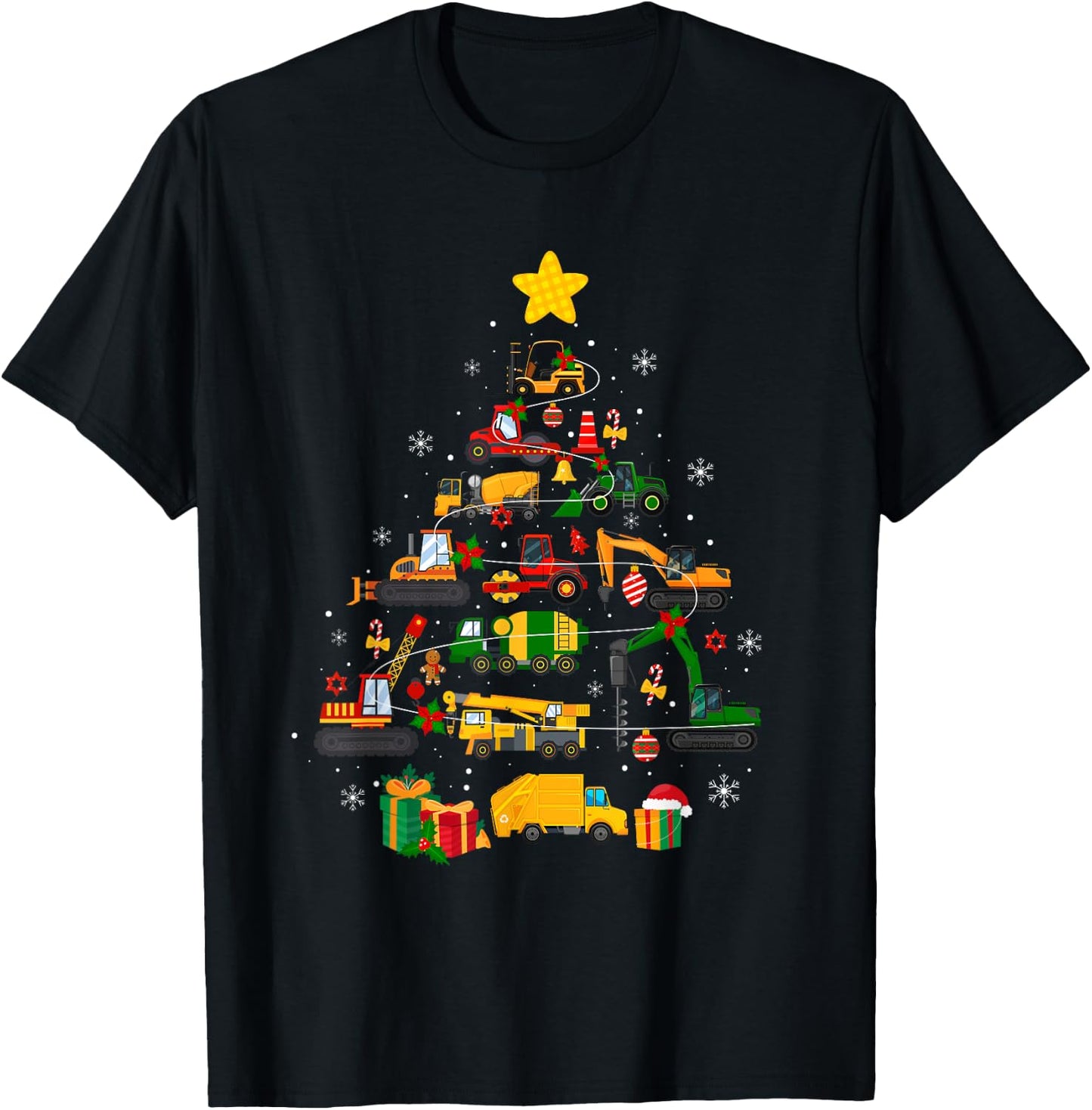Cute Christmas Tree Santa Hat Construction Excavator Truck T-Shirt - T-Shirt | Black