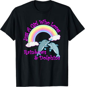 Girl Who Loves Rainbows & Dolphins T-Shirt - T-Shirt | Black