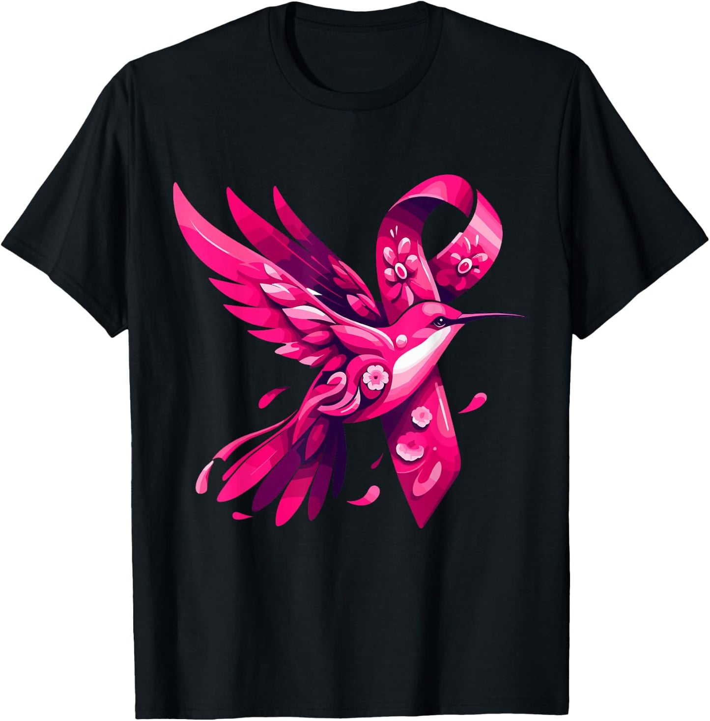 Hummingbird Flower Pink Ribbon Breast Cancer Awareness T-Shirt - T-Shirt | Black