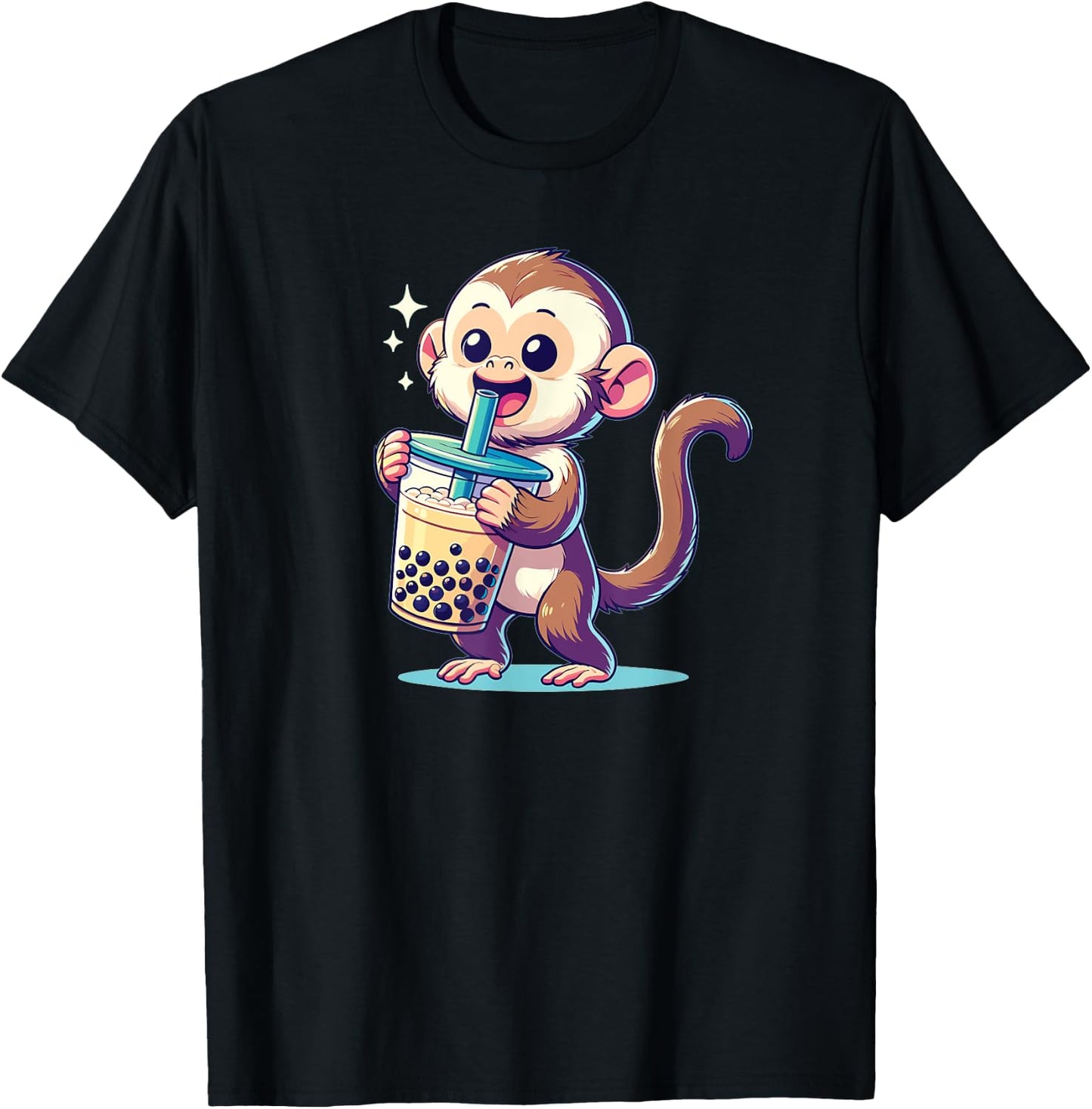 Kawaii Monkey Bubble Tea Boba Cappuccino Monkey T-Shirt - T-Shirt | Black