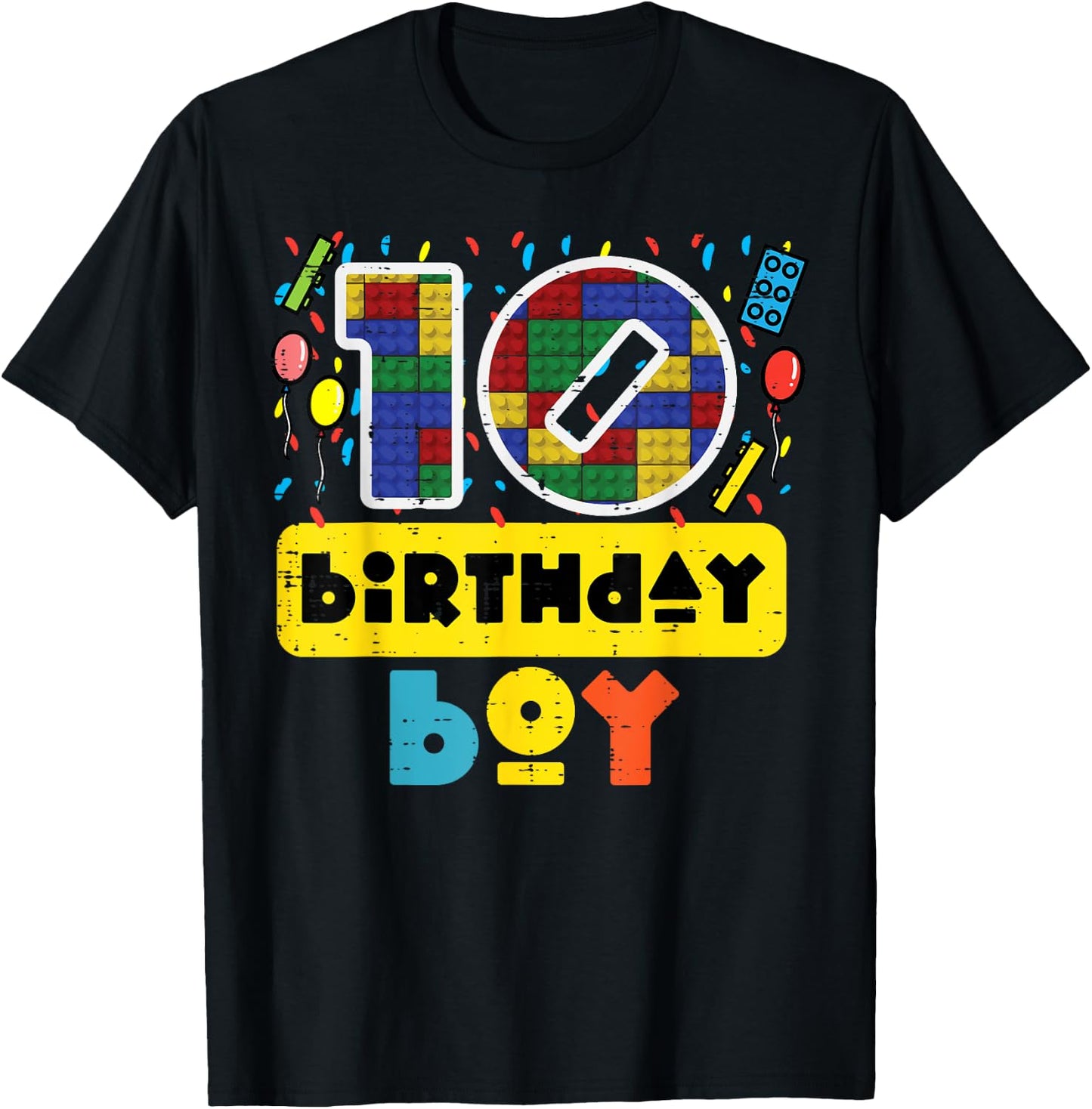 10 Birthday Boy Building Blocks 10th Bday Party Boys Kids T-Shirt - T-Shirt | Black