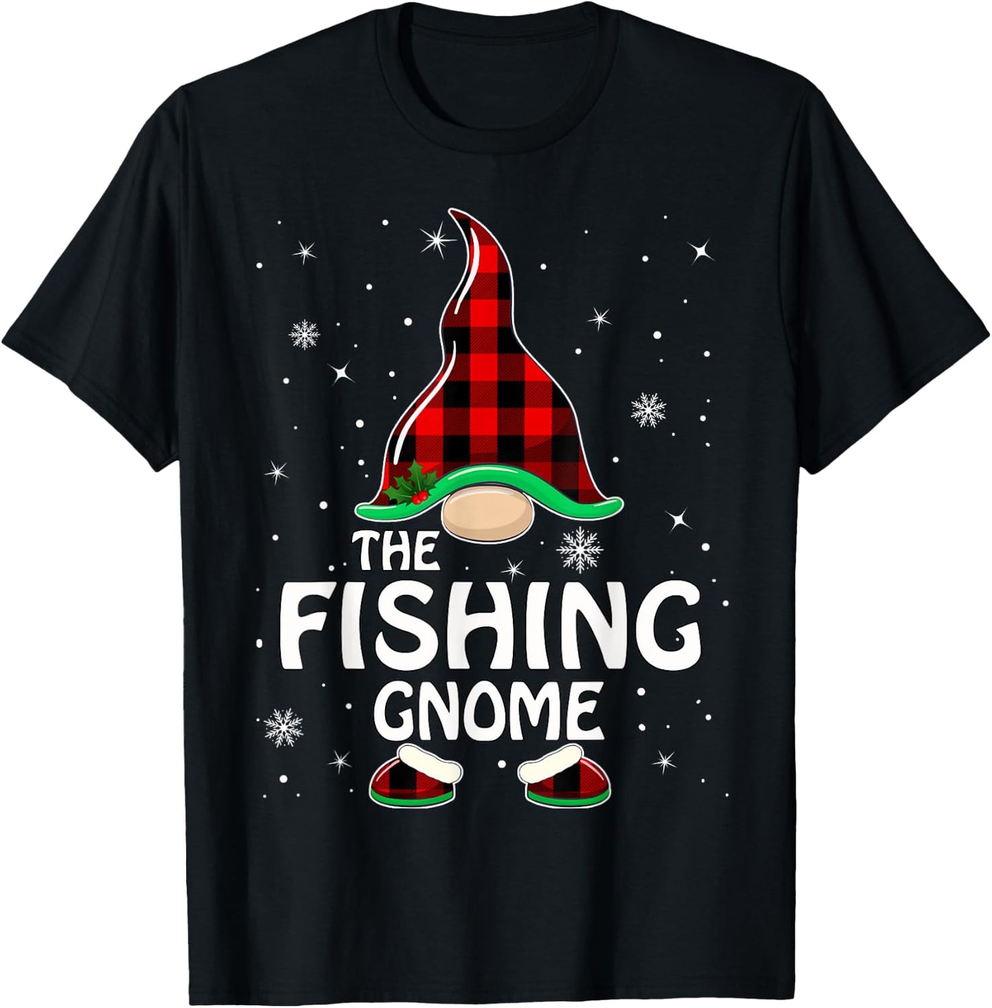 Fishing Gnome Buffalo Plaid Matching Family Christmas Pajama T-Shirt - T-Shirt | Black