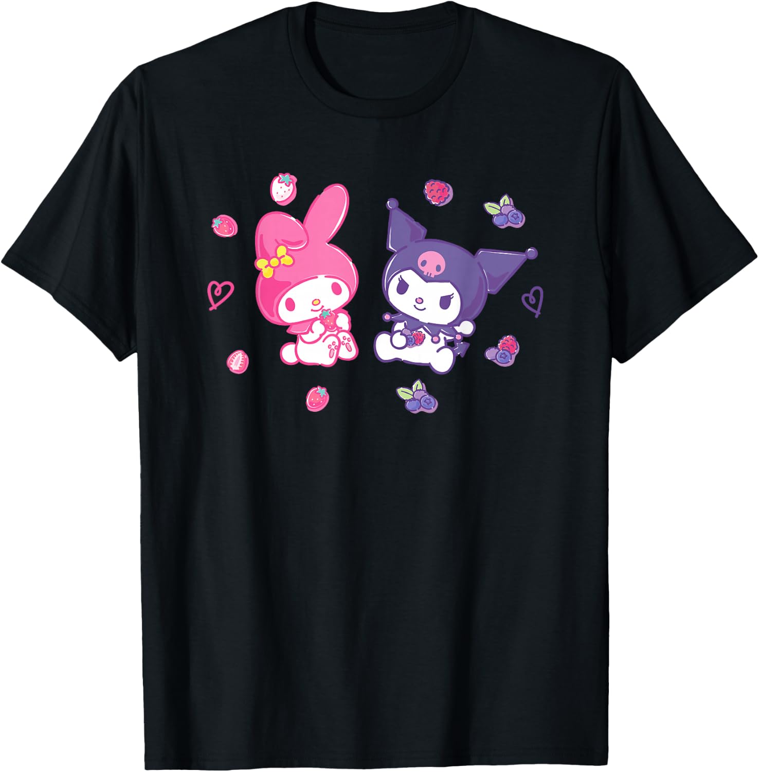Sanrio Kuromi and My Melody Berries , Small, Black T-Shirt - T-Shirt | Black