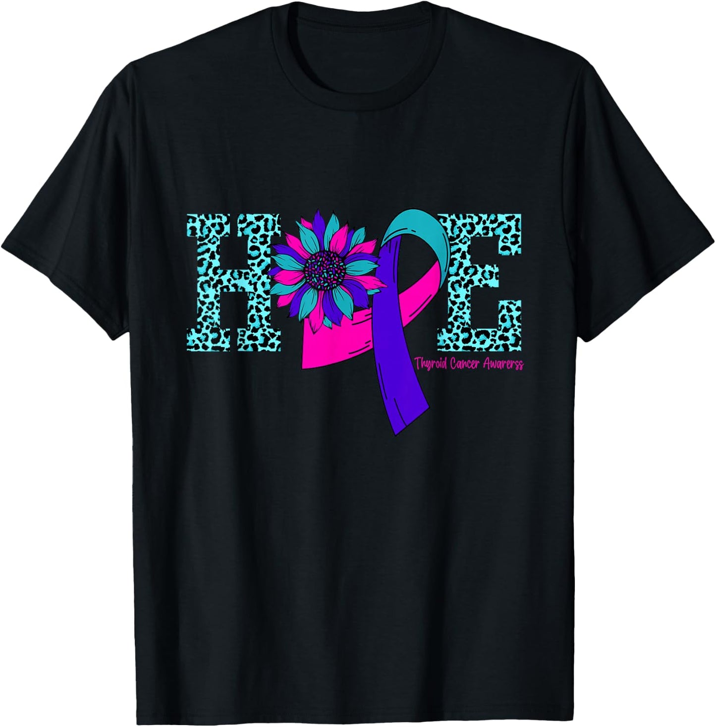 Thyroid Cancer Hope Ribbon Leopard Thyroid Awareness T-Shirt - T-Shirt | Black