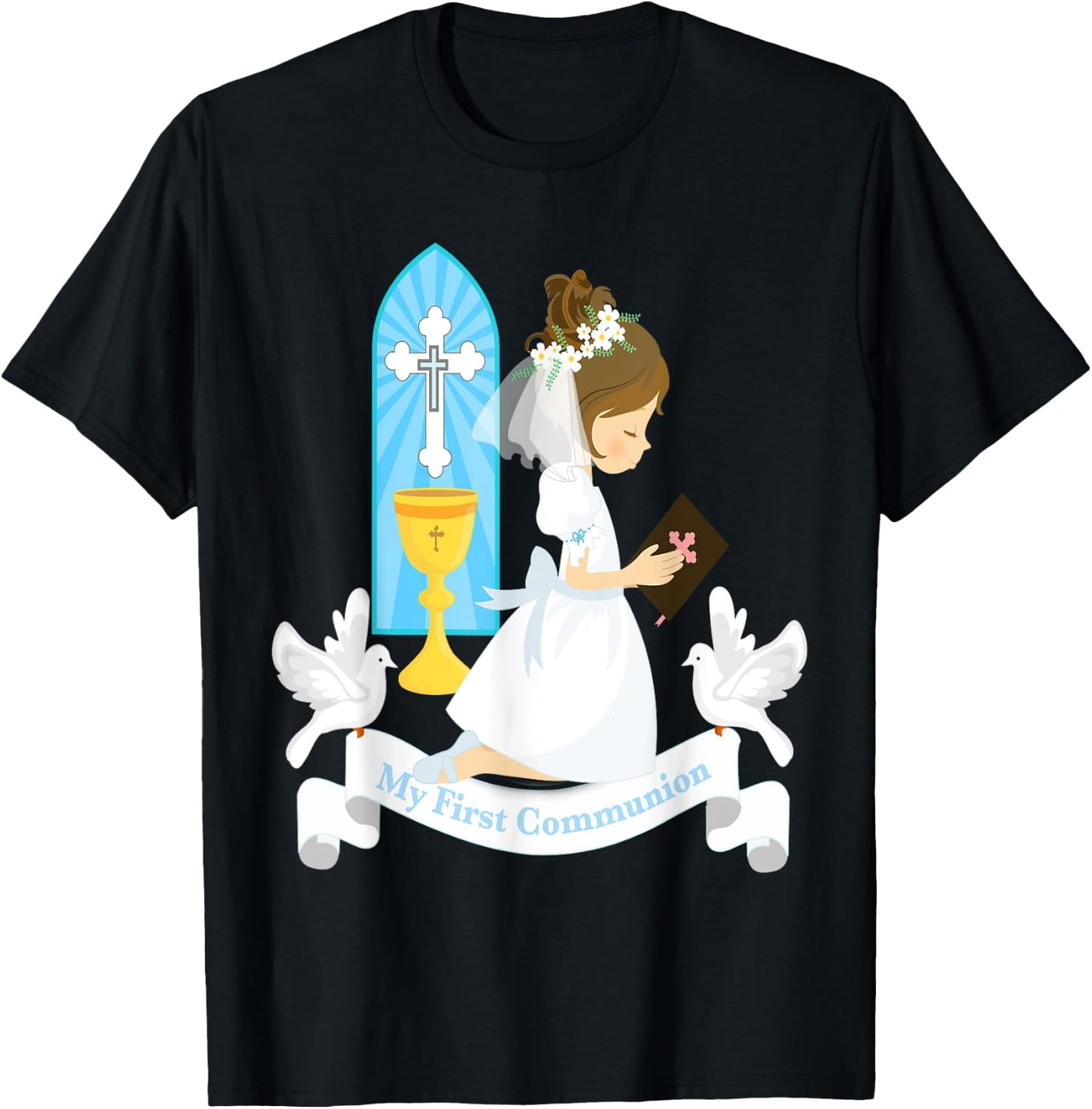 My First Communion Girls Daughter Godchild Brunette Church T-Shirt - T-Shirt | Black