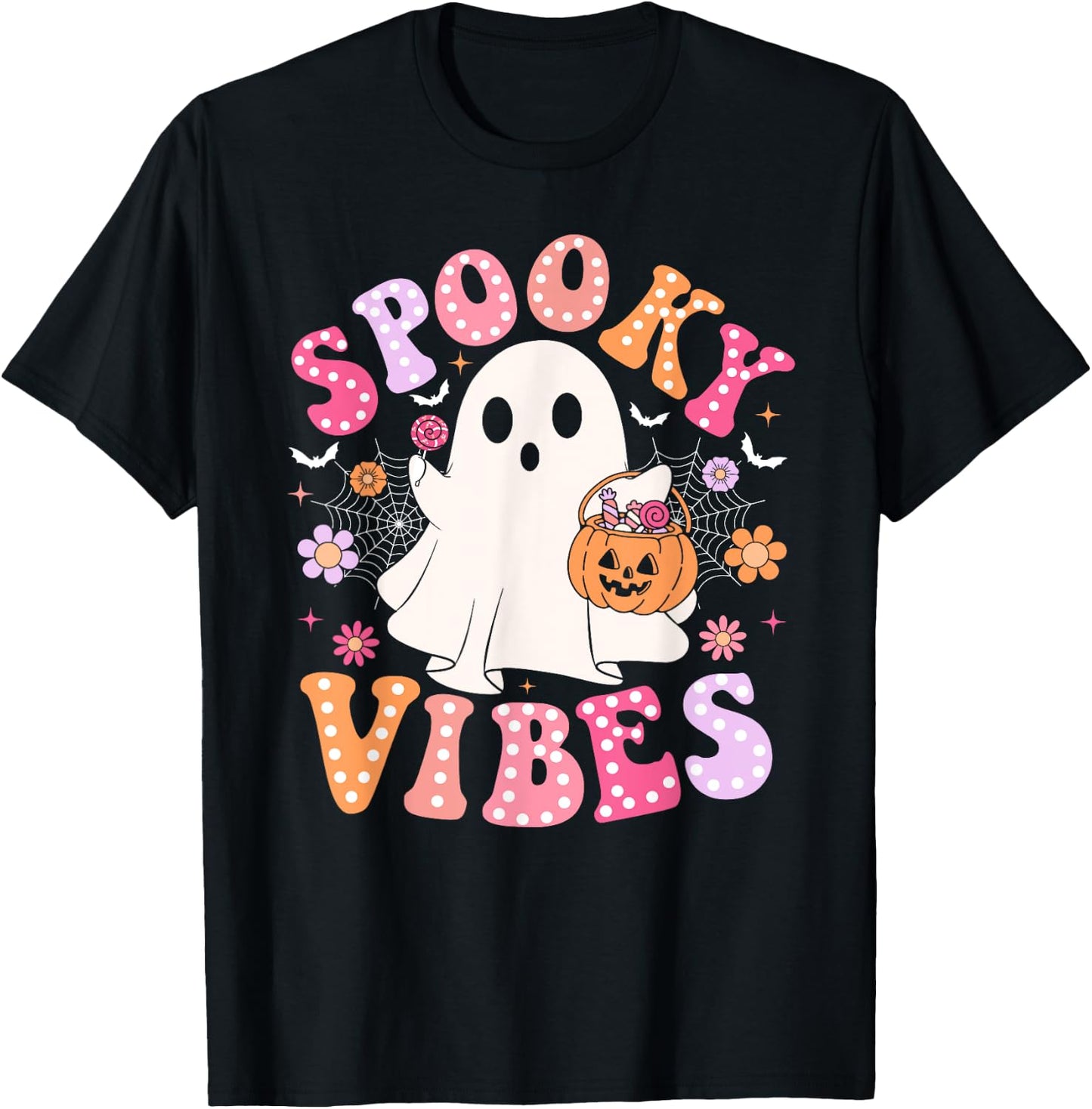 Spooky Vibes Ghost Retro Groovy Halloween Women Girls Kids T-Shirt - T-Shirt | Black