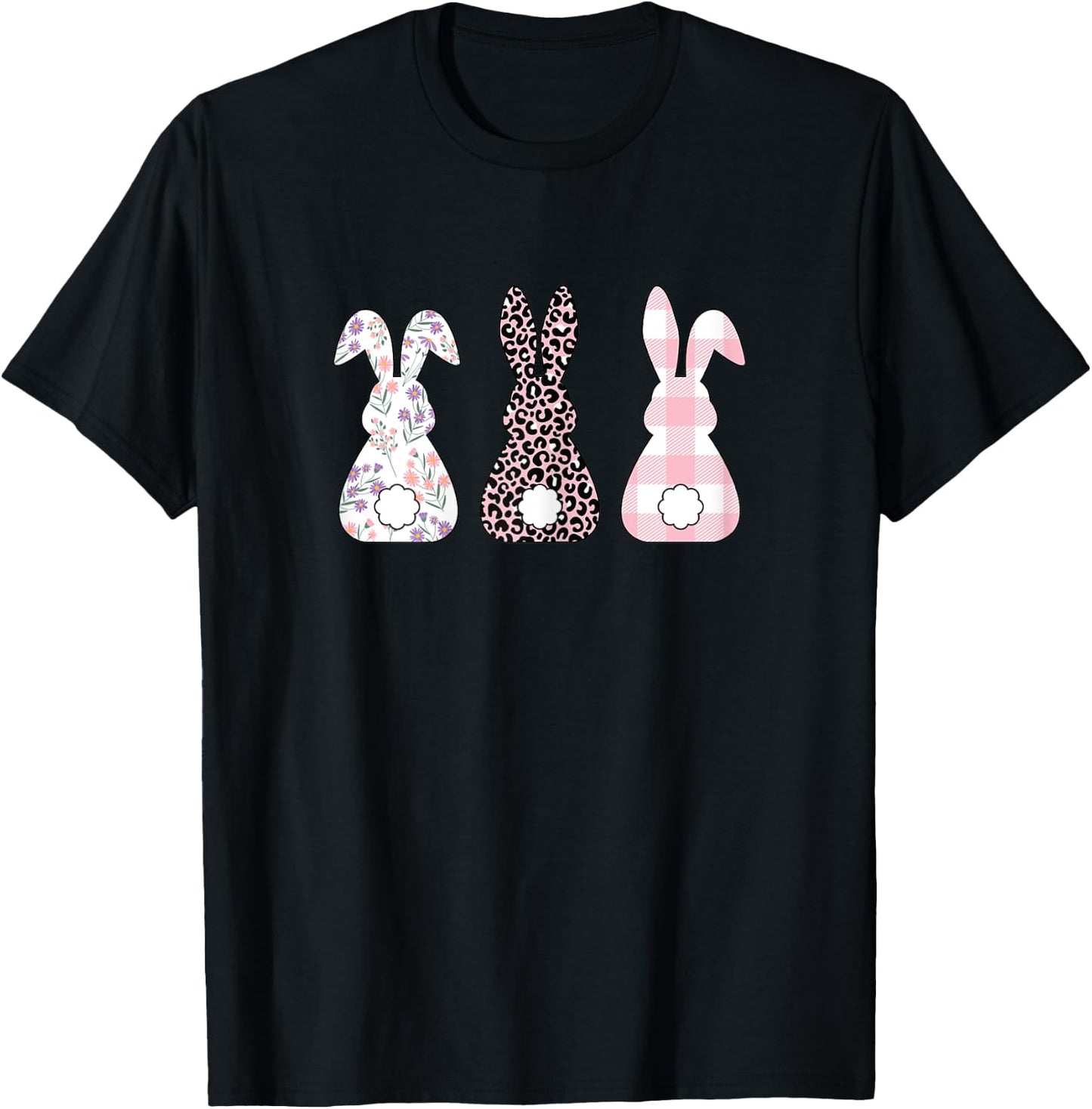 Cute Pink Leopard Plaid Flower Happy Easter Bunny Rabbit T-Shirt - T-Shirt | Black