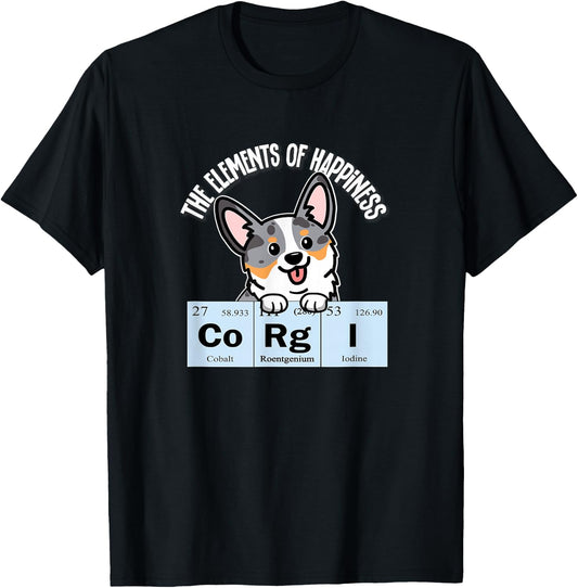 Funny Elements of Happiness Blue Merle Corgi Dog Lover T-Shirt - T-Shirt | Black