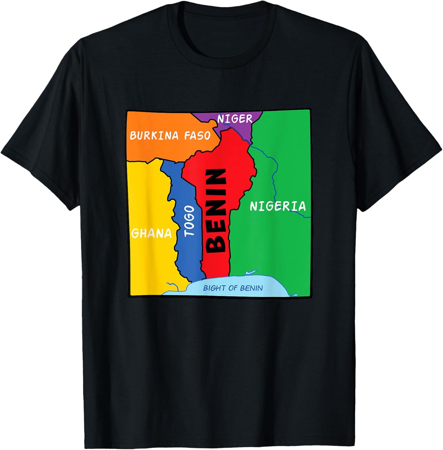 Colorful simplified Benin map, neighboring countries names T-Shirt - T-Shirt | Black