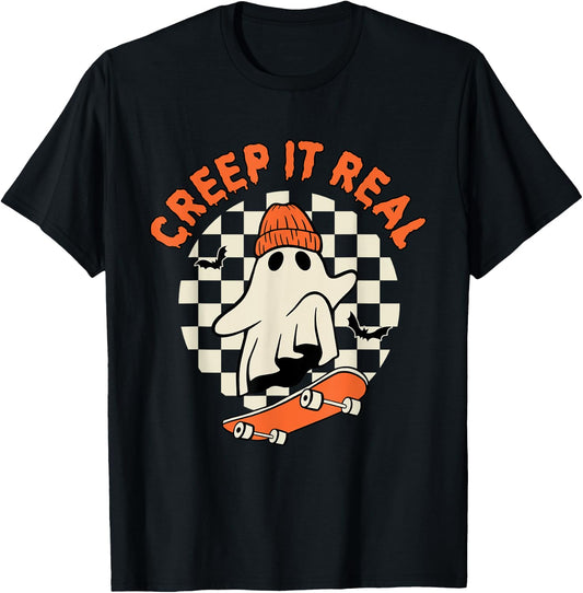 Vintage Retro Halloween Creep It Real Ghost Boy Fall Season T-Shirt - T-Shirt | Black