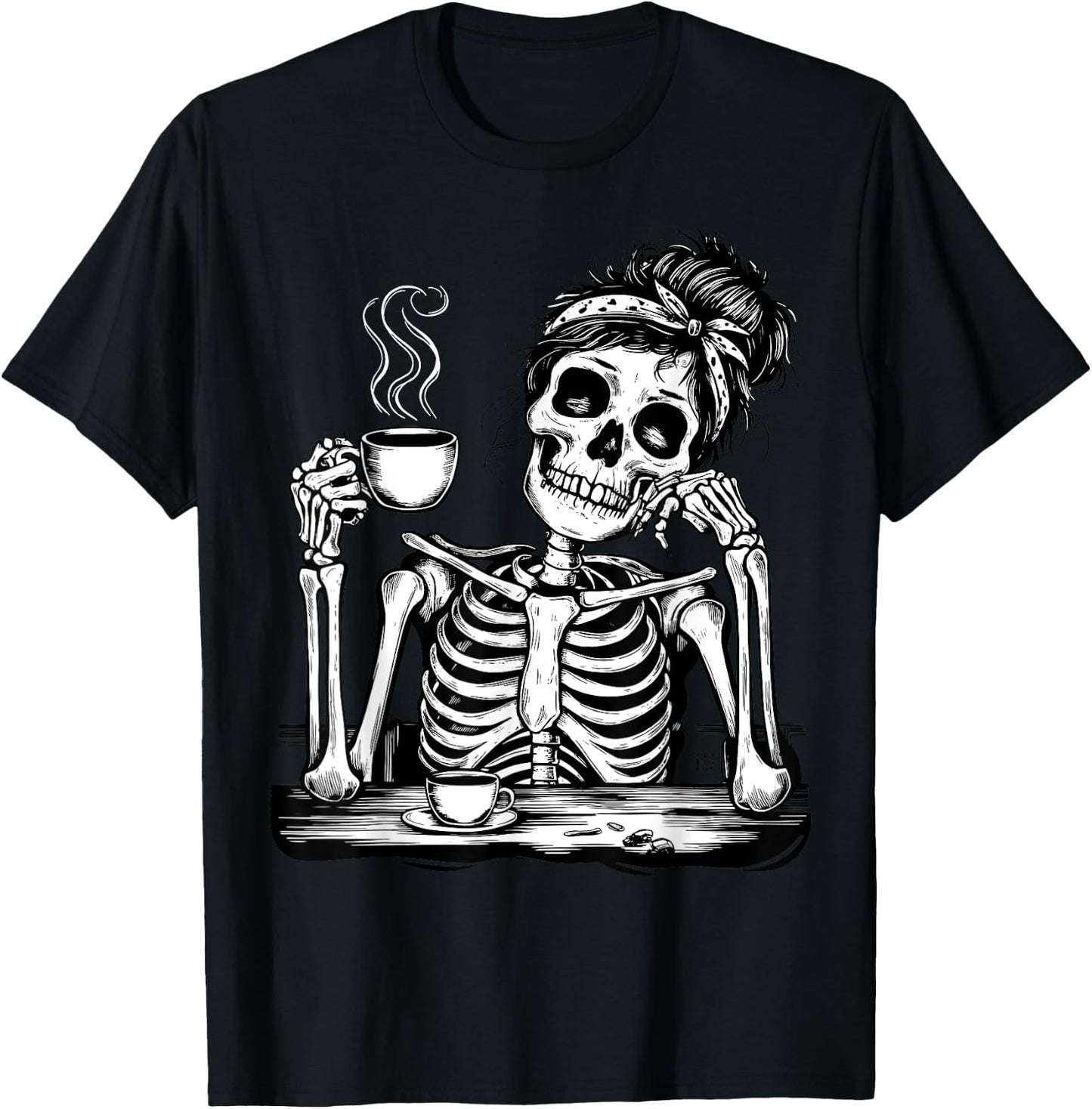 Messy Bun Drinking Coffee Skeleton Tired Mom T-Shirt - T-Shirt | Black