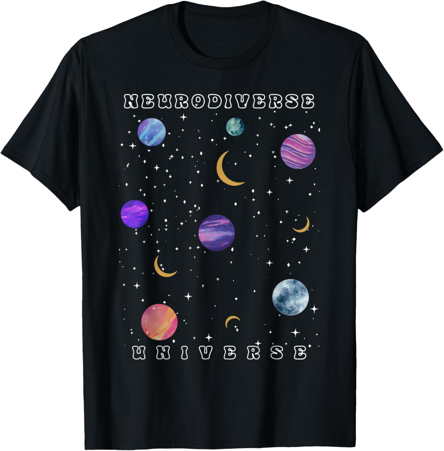 Retro Neurodiverse Universe Space Autism Awareness ADHD T-Shirt - T-Shirt | Black