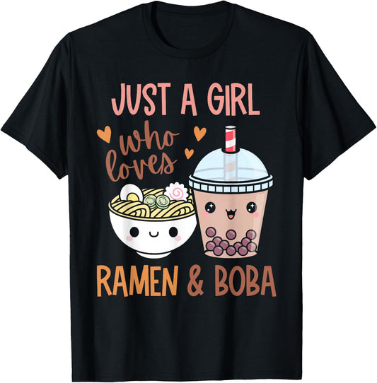 Just A Girl Who Loves Ramen and Boba Bubble Tea Japanese T-Shirt - T-Shirt | Black