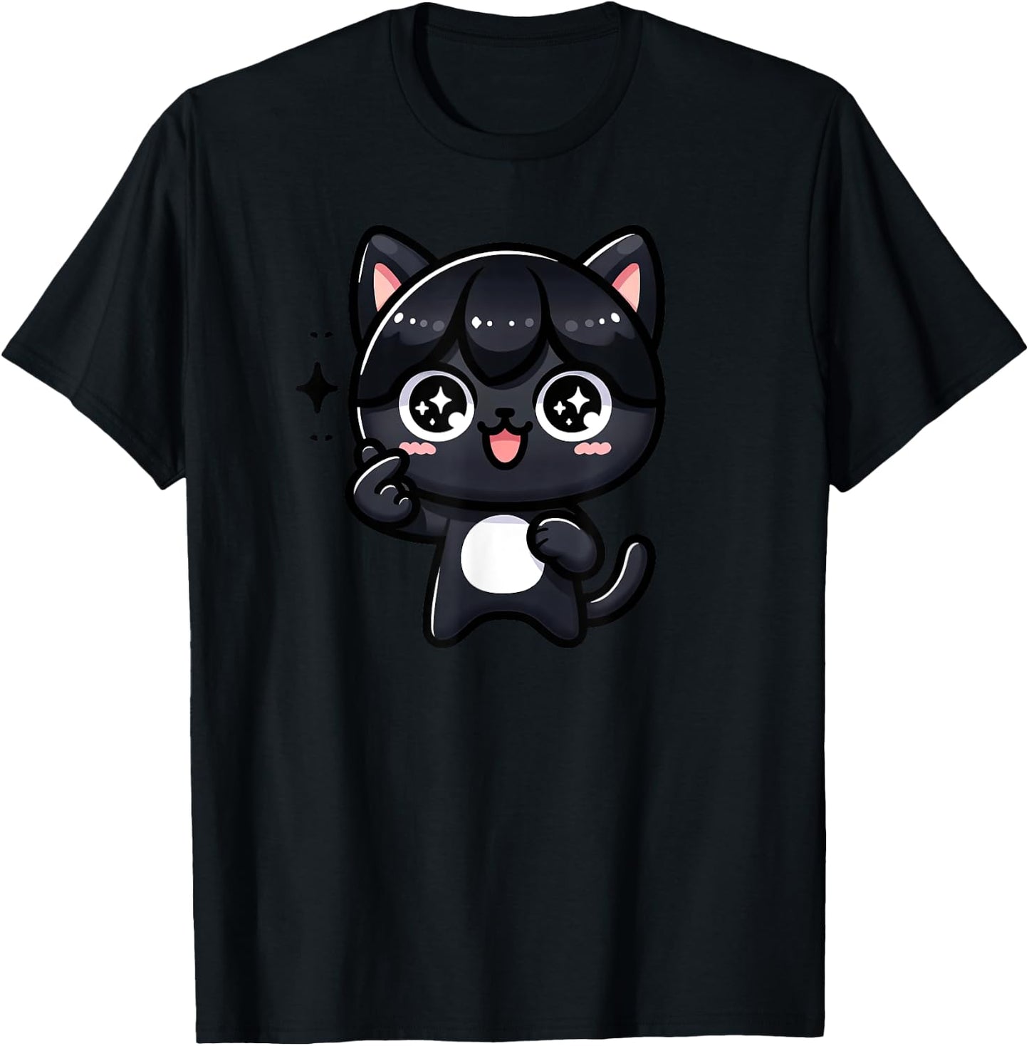 Funny Black Cat Cartoon Finger-heart K-pop Korean Men Women T-Shirt - T-Shirt | Black