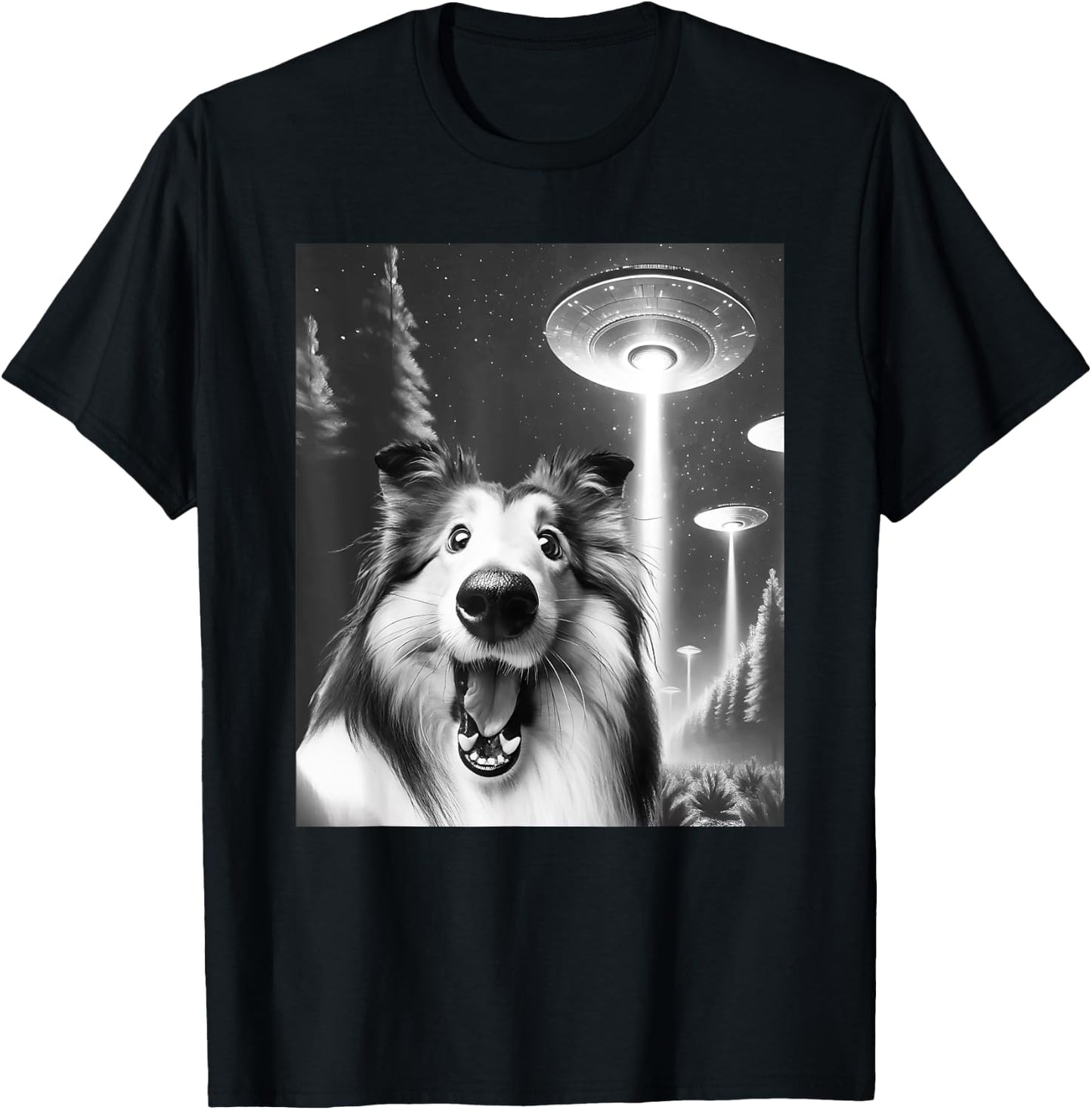 Funny Rough Collie Alien UFO Taking a Selfie Dog Mom Dad Women Kids T-Shirt - T-Shirt | Black
