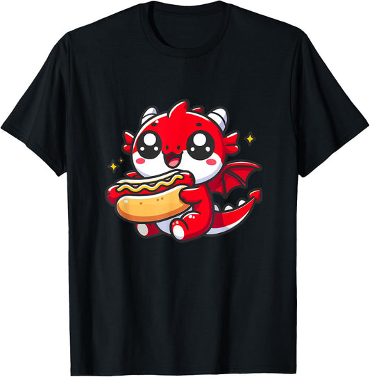 Cute Dragon Eats Hotdog T-Shirt - T-Shirt | Black