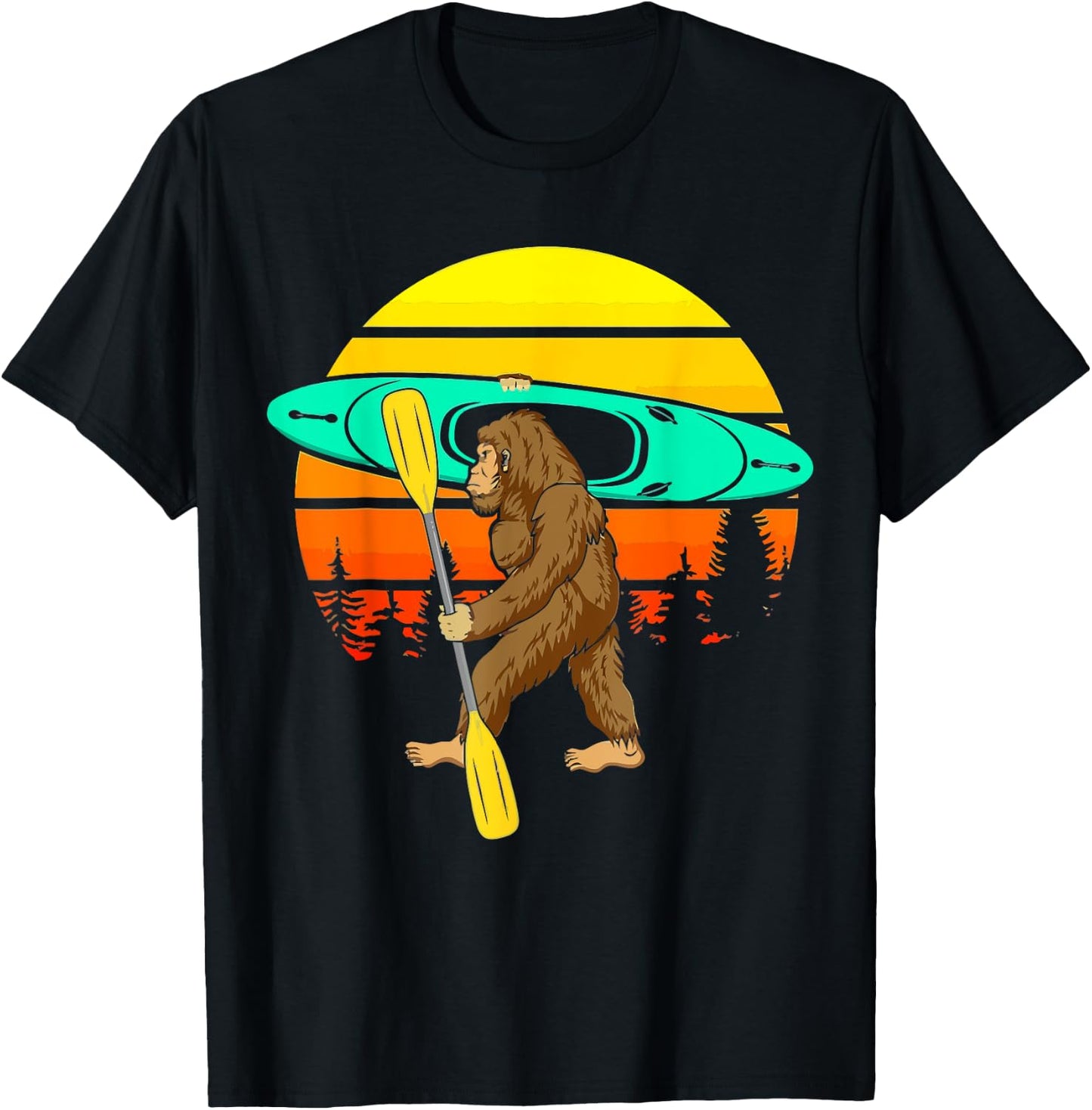 Vintage Sasquatch Bigfoot Go Kayak Funny Kayaking Lover T-Shirt - T-Shirt | Black