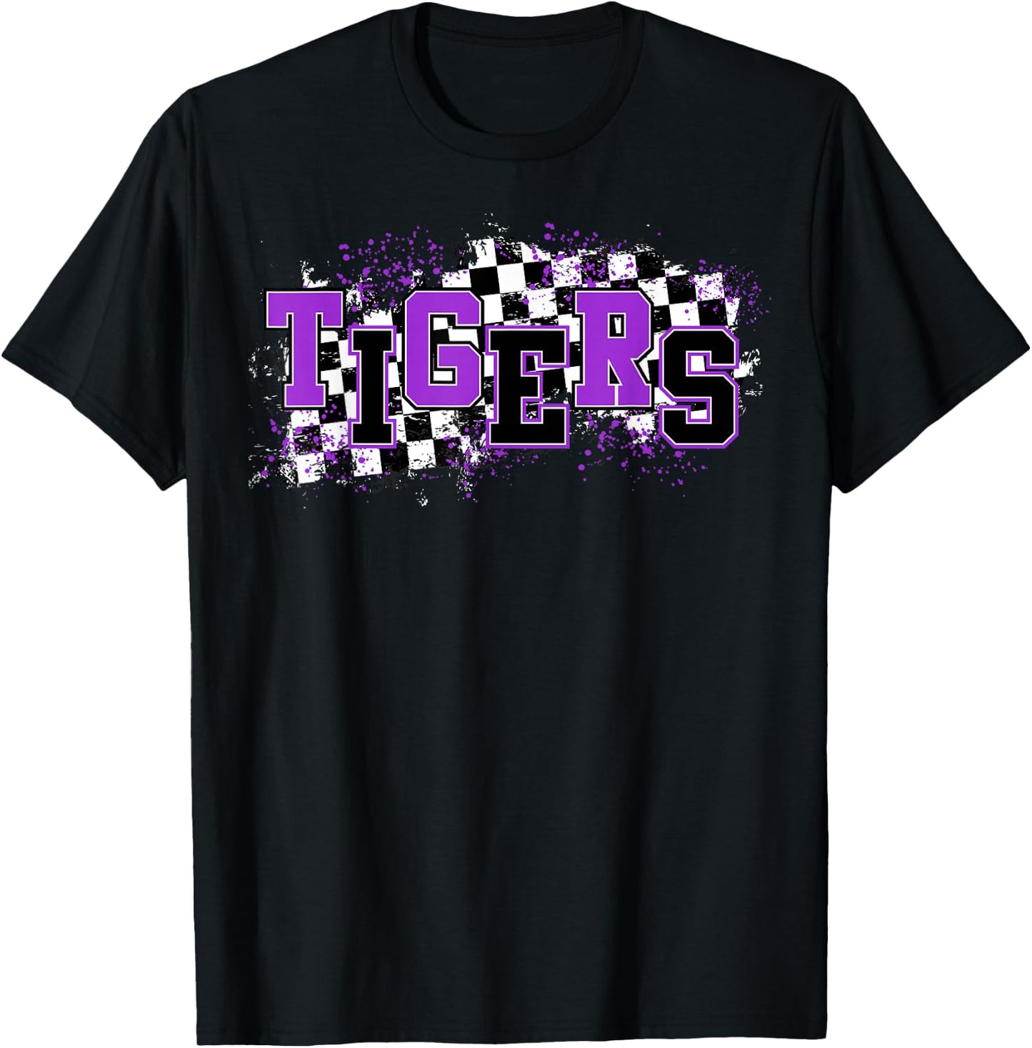 Tigers School Spirit Tiger Pride Purple Black Tigers Checker T-Shirt - T-Shirt | Black