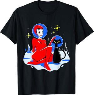 Mid Century Space Cat Retro Atomic Age Alien Pin Up Girl T-Shirt - T-Shirt | Black