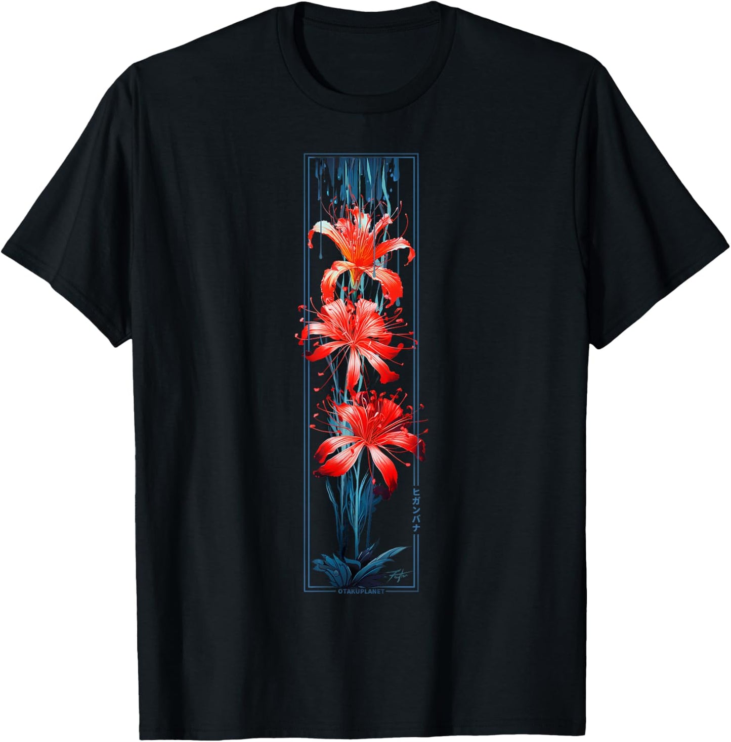 Red Spider Lily Flower in Japanese grunge Aesthetic Style T-Shirt - T-Shirt | Black
