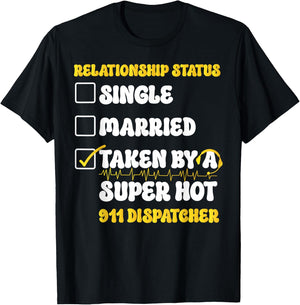 911 Dispatcher Thin Gold Yellow Line Girlfriend Relationship T-Shirt - T-Shirt | Black