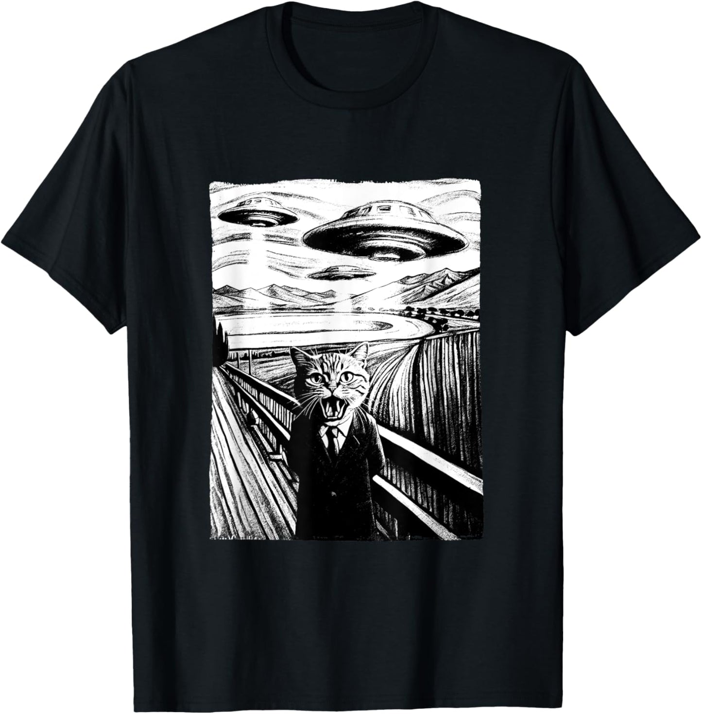 Cat Selfie with Alien and Ufo Men Women Kids T-Shirt - T-Shirt | Black