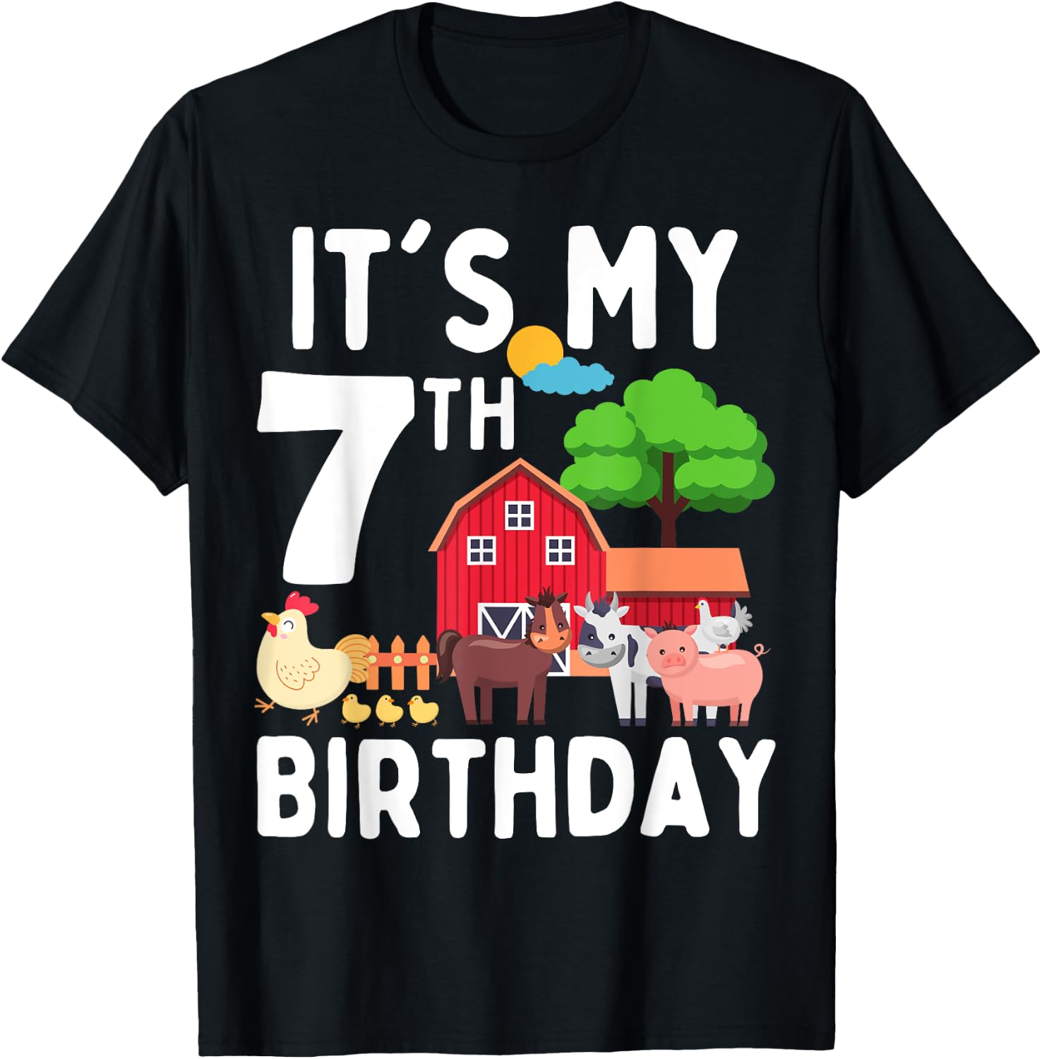 It's My 7th Birthday 7 Years Old Farm Animals Theme for Kids T-Shirt - T-Shirt | Black