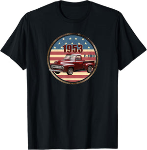 Vintage 1953 F-100, Red Pick Up Trucks, Hot Rod, Patriotic T-Shirt - T-Shirt | Black