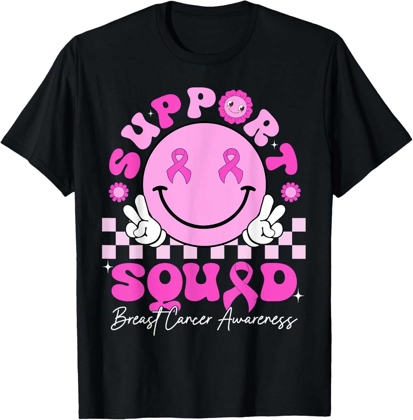 Retro Groovy Support Squad Breast Cancer Awareness October T-Shirt - T-Shirt | Black